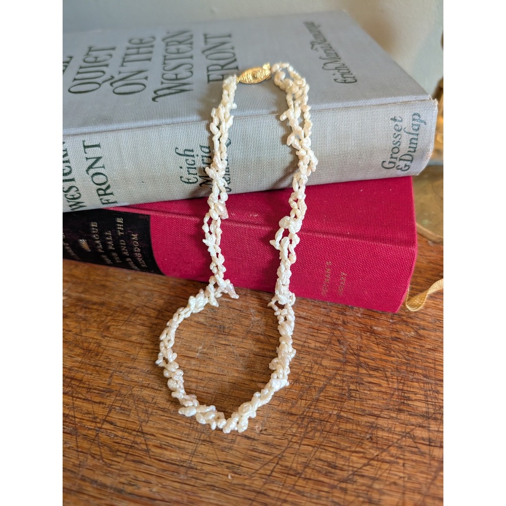 Vintage 3 Strand Freshwater Rice Pearl Torsade Necklace Gold Tone Clasp 16 In